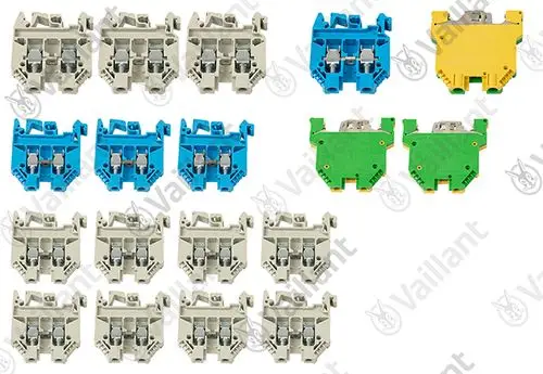 Vaillant Klemmen in verschiedenen Farben (beige, blau, grün, gelb) angeordnet, mit jeweils zwei Kontakten pro Einheit auf einem weißen Hintergrund.